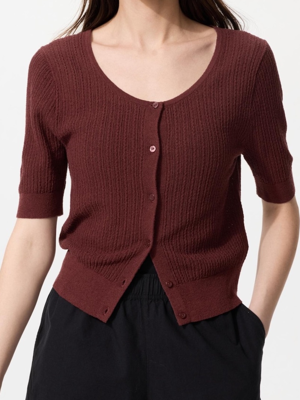 Uniqlo Brown Sheer Lace Short Sleeve Button Cardigan